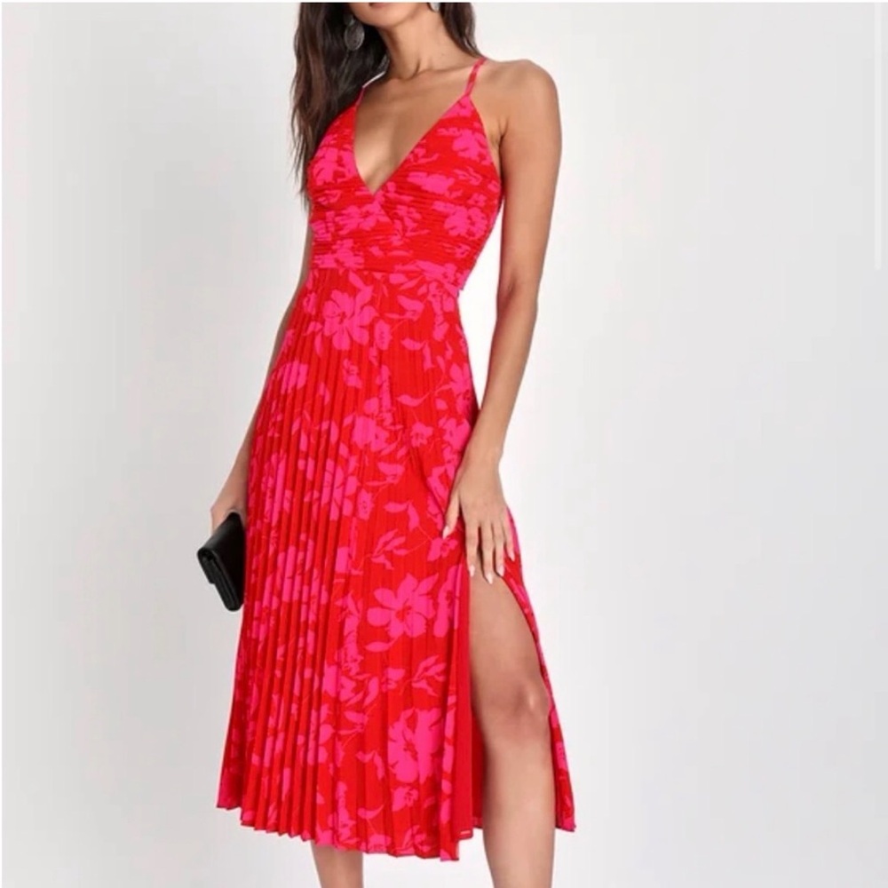 Lulu's Red Floral Midi Dress with Pink Floral Print XS